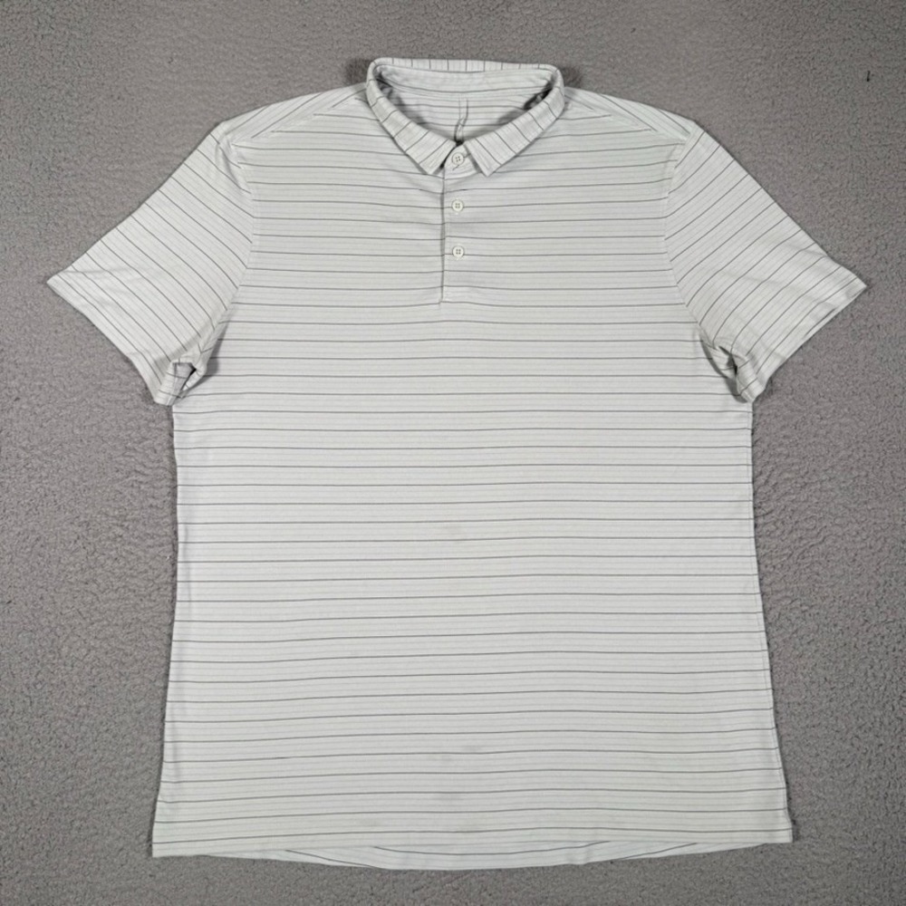 Lululemon Shirt Mens XL Gray Striped Polo Casual Preppy‎ Stretch Golf Logo Knit